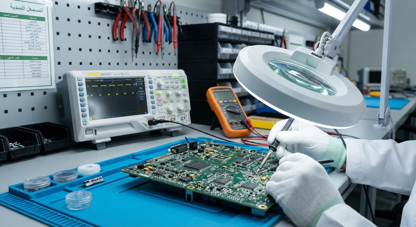 مهندس الكترونيات يفحص بوردة دقيقة بالمجهر